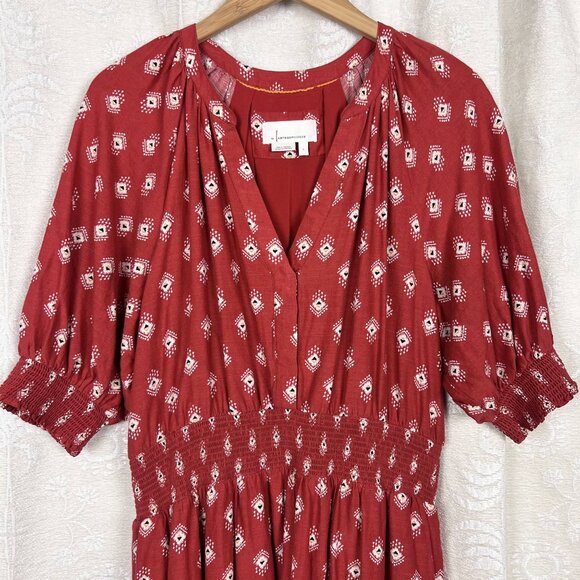 Anthropologie Felipa tiered midi dress red geometric print prairie cottagecore L - Picture 3 of 10